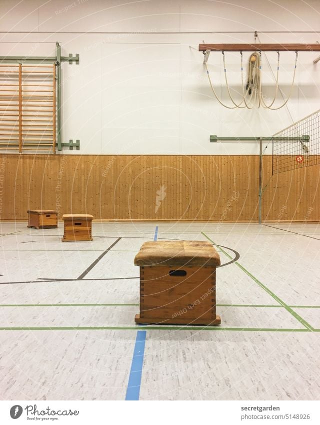 Bock auf Turnen Turnhalle Kindheit Turnbock Hallensport Sport retro Holz Markierung Linien Kiste Sprungkasten Volleyball Volleyballnetz Sport-Training Fitness