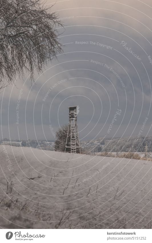 Hochsitz in einer Winterlandschaft Schnee Baum kalt Landschaft Frost Natur weiß Außenaufnahme Wald Wetter Klima Schneelandschaft Schneedecke Winterspaziergang