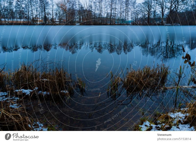 Kleiner See im Winter, teilweise gefroren, Wasserspiegelungen kleiner See Seen Himmel Ufer Meeresküste Röhricht Reflexion & Spiegelung Bäume Natur Deutschland