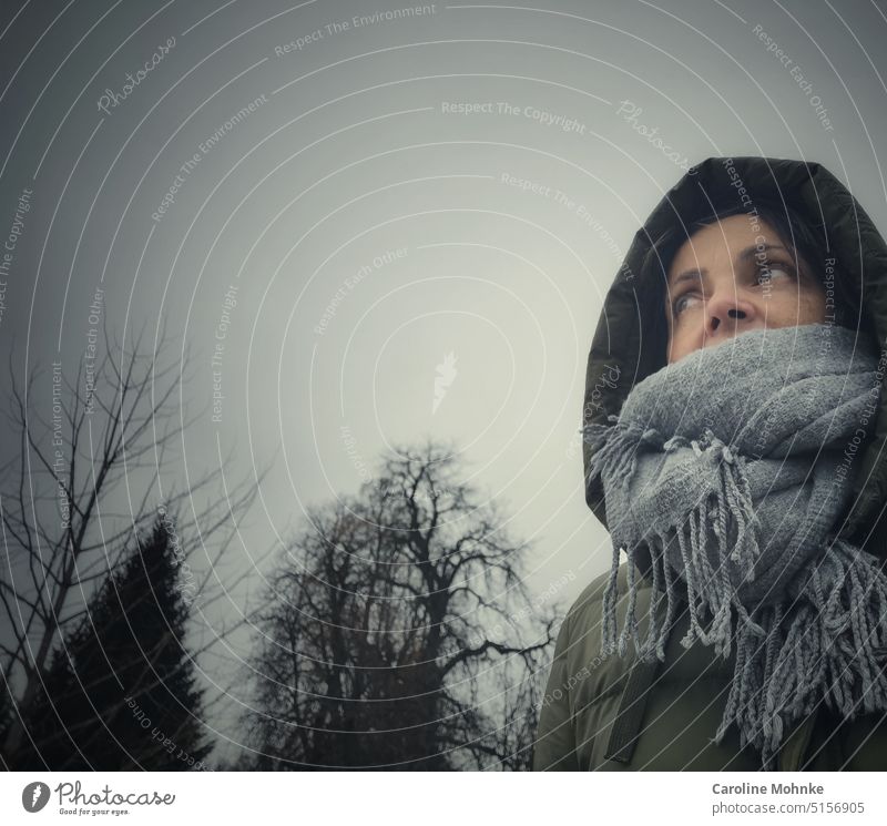 Frau mit Schal und Kapuze an einem bitterkalten Tag, im Hintergrund Bäume Winter Kälte klirrende Kälte Baum Schnee Natur Winterstimmung Winterlandschaft Wald