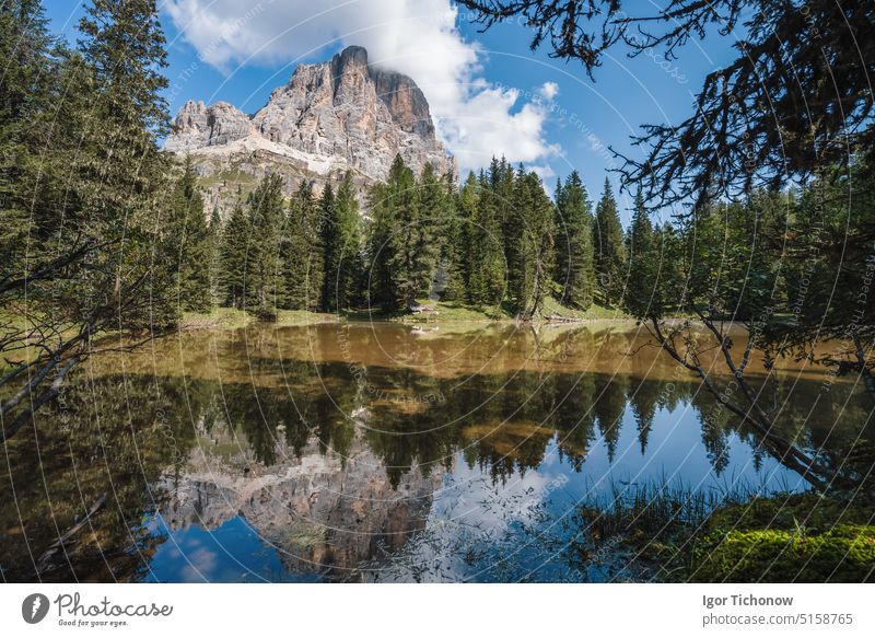 Tofana di Rozes spiegelt sich in einem kleinen Teich am Passo Falzarego, Dolomiten in der Provinz Belluno, Venetien, Italien Berge u. Gebirge tofana Veneto