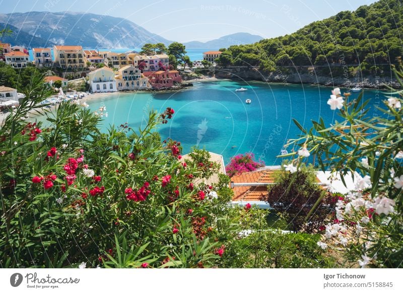 Assos Stadt auf der Ionischen Insel Kefalonia in Griechenland. Sommerreise Urlaub assos Dorf farbenfroh Boot Reichtum Jacht Strand Ansicht Bucht Wasser reisen