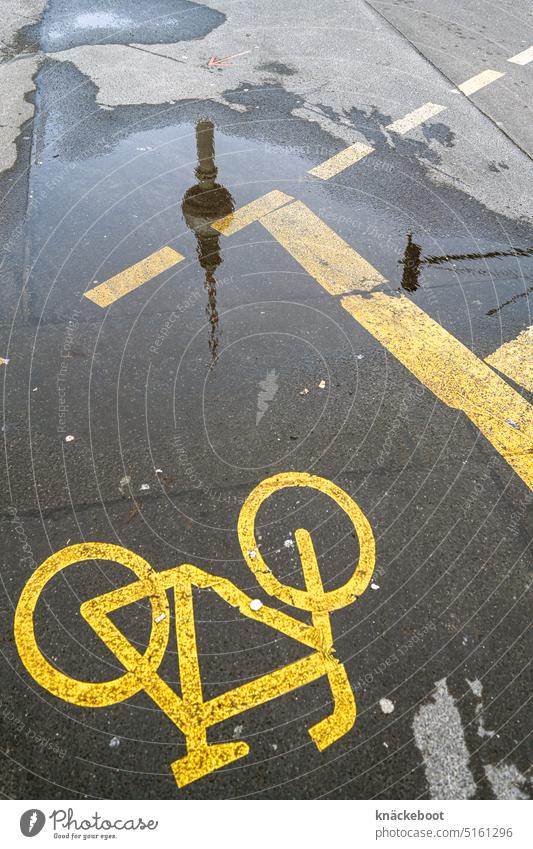 radweg in berlin Verkehrswege Straße Außenaufnahme Asphalt Straßenverkehr Verkehrszeichen Fahrbahnmarkierung Wege & Pfade grau Spiegelung Fahrradweg