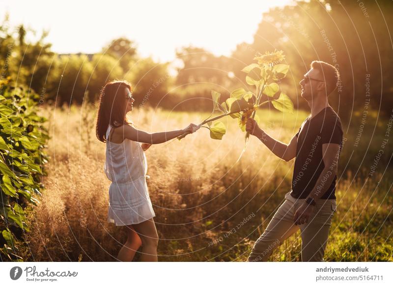 Schönes Paar hat Spaß im Sonnenblumenfeld. Ein Mann und eine Frau in der Liebe Spaziergang in einem Feld mit Sonnenblumen, ein Mann umarmt eine Frau. selektiven Fokus