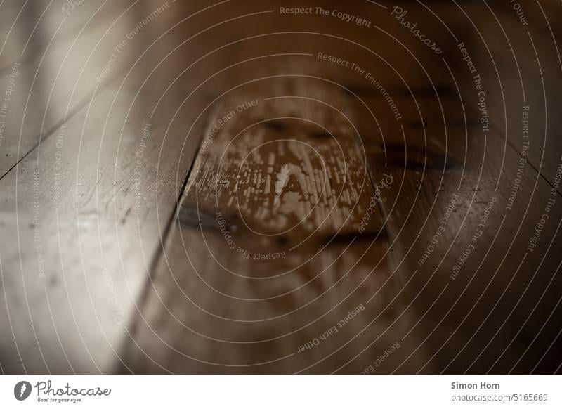 Holzfußboden mit Gebrauchsspuren Dielenboden Wohnraum Spuren Lebensraum Bodenbelag Strukturen & Formen Oberfläche Furchen Raum Detailaufnahme Licht