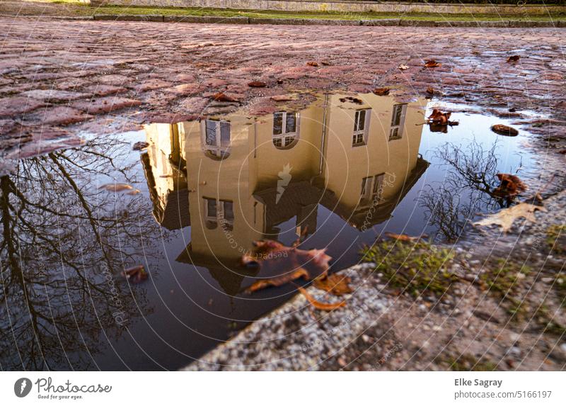 Pfützenromantik -  Pfützenspiegelung -Reflektion nach dem Regen Reflexion & Spiegelung Wasser Reflexion u. Spiegelung Außenaufnahme Straße Menschenleer nass