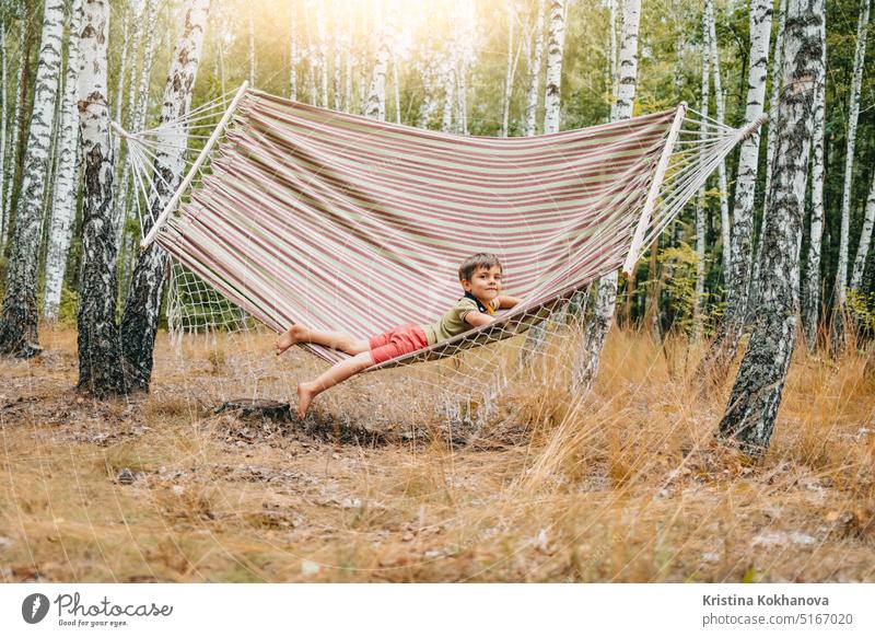 Niedlicher kleiner Junge liegt auf großer Hängematte in Birkenhain. Kind lächelnd, Camping Leben Hinterhof Kindheit Garten grün Freizeit Lifestyle wenig Natur