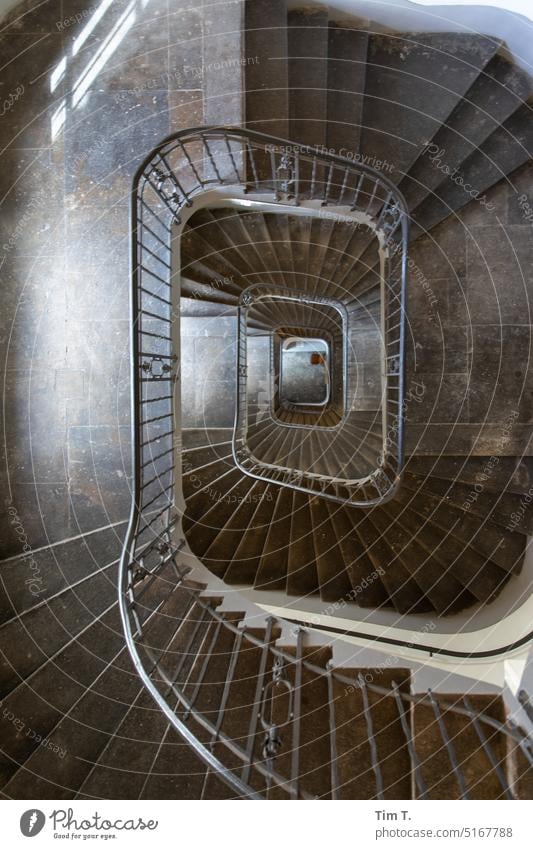 Spiraltreppe Treppe Blick nach unten Geländer Schatten abwärts oben aufwärts Architektur Treppenhaus Treppengeländer Menschenleer Haus Abstieg aufsteigen