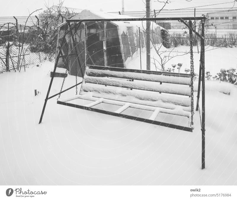 Winterschlaf Garten Hollywoodschaukel Metall Gestell Schaukel Außenaufnahme Menschenleer Totale Gewächshaus Sträucher Beet Februar frostig Garten im Winter