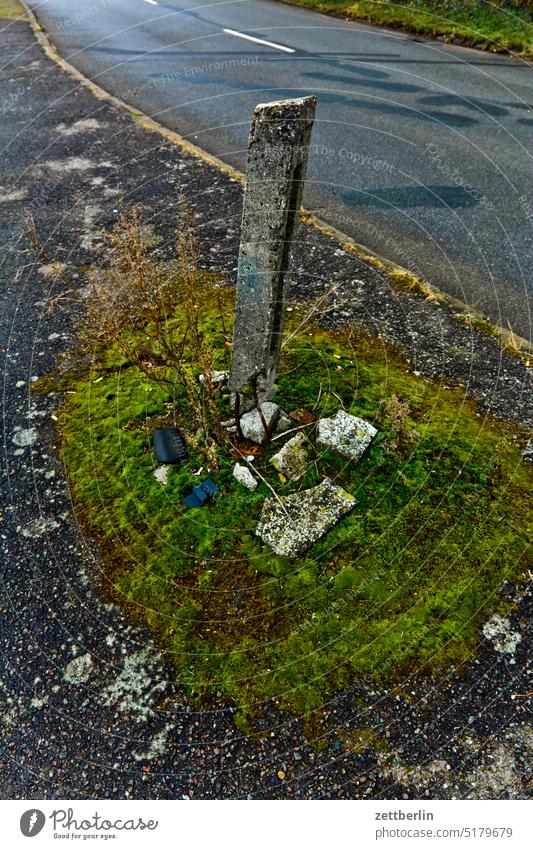 Moos moos straße asphalt bürgersteig straßenrand bordstein bordsteinkante beton pfahl grenze grenzstein meilenstein landmarke verkehrsinsel markierung