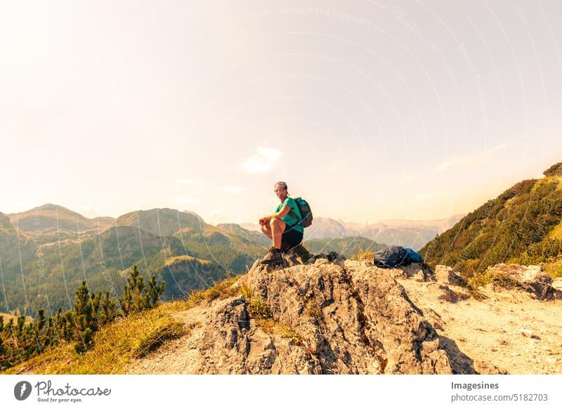 Pause. Wandern auf den Berg Jenner in den Bayrischen Alpen. Berchtesgadener Alpen, Deutschland, Bayern, Schönau am Königssee aktiv aktivität Nationalpark Europa