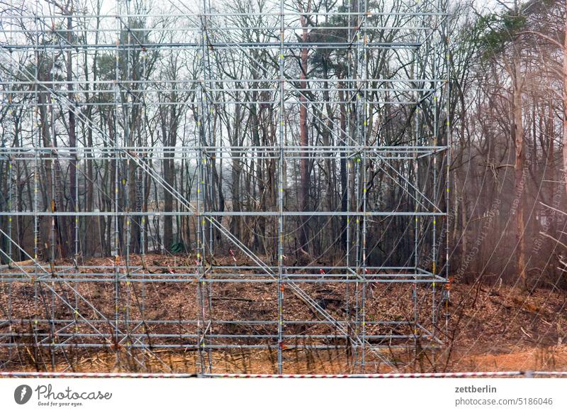 Gerüstbau im Wald gerüst baugerüst stange gerüststange wald natur park baustelle bauarbeiten bruttosozialprodukt leer menschenleer baugewerbe hochbau brückenbau