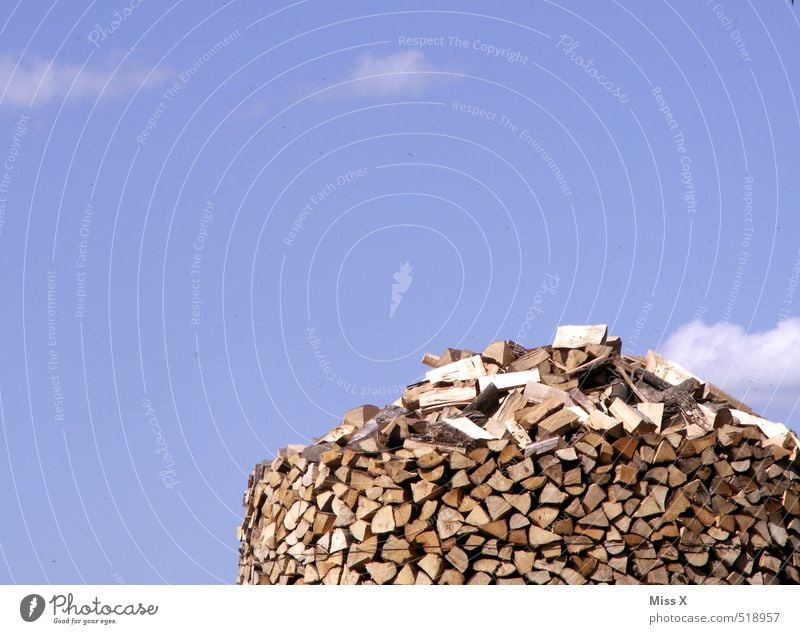 Holzhaufen Garten Himmel Wolken Schönes Wetter trocken Bauernhof Forstwirtschaft Brennholz Holzstapel Vorrat Brennstoff Stapel Haufen Holzfäller Farbfoto