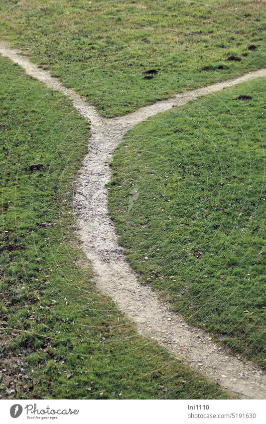 drei Grasflächen mit Ypsilonweg Landschaft von oben gesehen Fußweg gerade geschwungen Abzweigung Wege & Pfade kreuzen Richtung schmaler Weg Ausschnitt Flächen