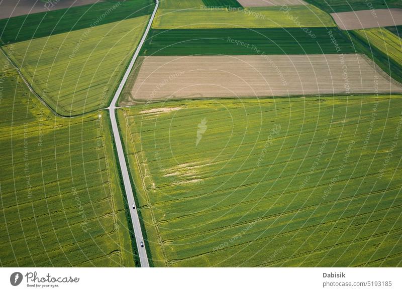 Landstraße inmitten landwirtschaftlicher Felder, Luftaufnahme Landschaft Straße ländlich Natur Szene Ackerland reisen Antenne grün Hintergrund im Freien PKW