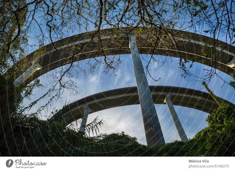 Doppelter Viadukt einer Autobahn und blauer Himmel. Blick auf das Viadukt der Autobahn AP9 in Teis, Vigo. pontevedra Bäume Vegetation Pflanzen Straße Spalte