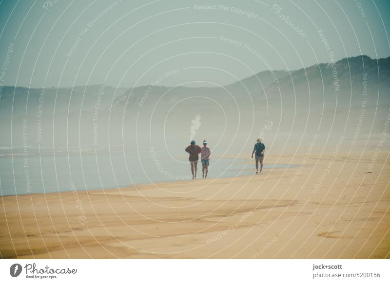 leichter Spaziergang am Ocean Beach Gruppe Mensch Familie & Verwandtschaft gehen Wege & Pfade Strand Landschaft Dunst Ferien & Urlaub & Reisen Küste Silhouette