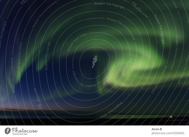 Aurora Borealis , ein schönes grünes Licht in der blauen Abendstunde wabernd licht leuchtend blaue Stunde Aurora borealis Nordlicht Meer Küste Naturphänomene