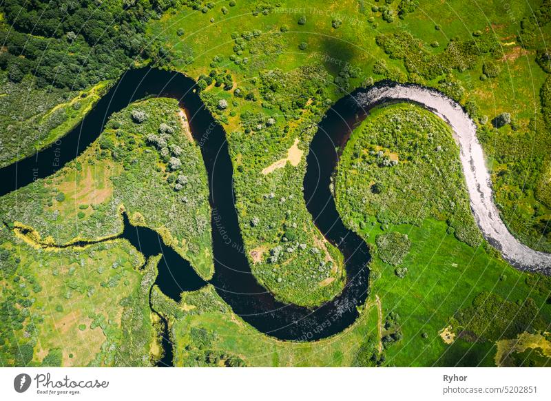 Luftaufnahme Grüner Wald Wälder und Flusslandschaft im sonnigen Frühling Sommer Tag. Top View of Beautiful European Nature From High Attitude In Autumn Season. Drone Ansicht. Vogelperspektive Ansicht