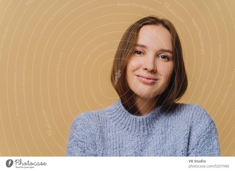 Schöne brünette europäische Frau mit Make-up, zartes Lächeln, in Strickwaren gekleidet, genießt Komfort, posiert gegen braunen Hintergrund, Kopie Raum Bereich. Lady fühlt sich Komfort in neuen Winter warmen Pullover