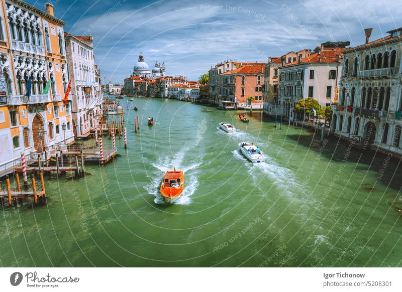 Vergnügungsboote auf dem Canal Grande und die Basilika Santa Maria della Salute, Venedig, Italien Kathedrale venezia Boot Rialto Europa reisen Wahrzeichen Kanal