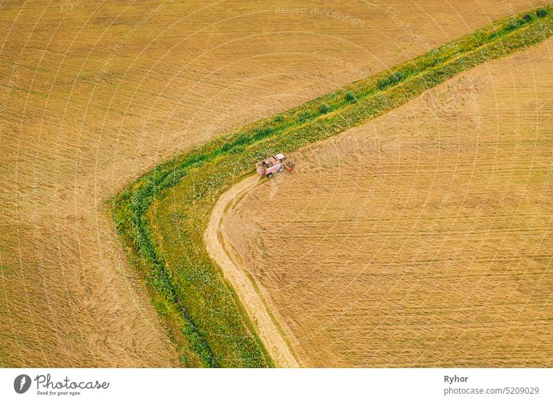 Luftaufnahme einer ländlichen Landschaft. Mähdrescher arbeitet im Feld, sammelt Samen. Ernte von Weizen im Spätsommer. Landwirtschaftliche Maschine Sammeln Golden Ripe. Vogelperspektive Drohne Ansicht