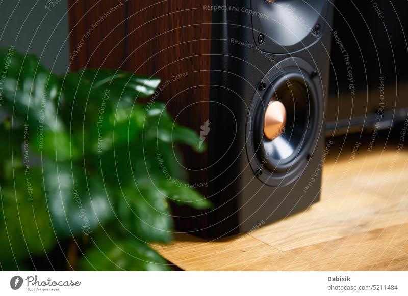 Lautsprecher im Innenbereich des Wohnzimmers Klang Redner Audio Musik System Raum akustisch stereo schwarz Hintergrund Subwoofer Satellit Atelier Party laut