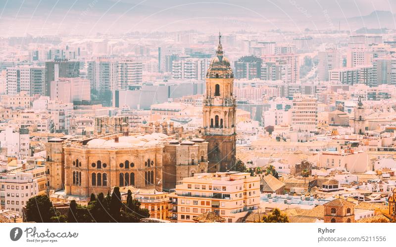 Malaga, Spanien. Cityscape Erhöhte Ansicht. Kathedrale von Malaga ist eine Renaissance-Kirche Stadtbild traditionell urban reisen im Freien berühmt Erbe Sommer