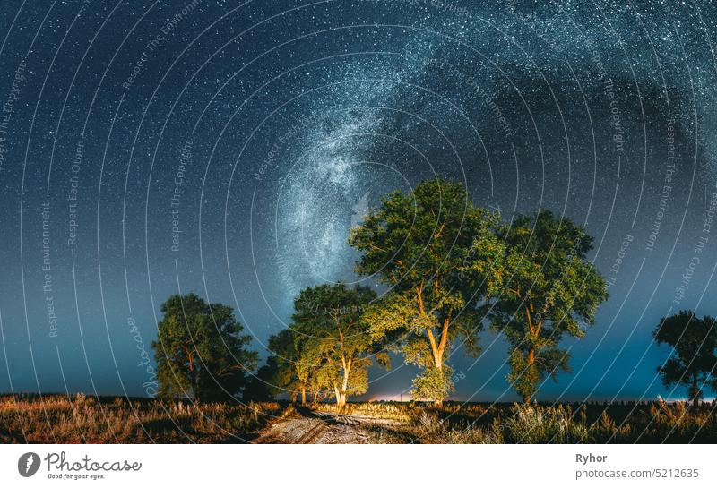 Milchstraße Galaxie in der Nacht Sternenhimmel über Baum im Sommer Wald. Glühende Sterne über Landschaft. Panorama sternenklar Astronomie August schön kosmisch