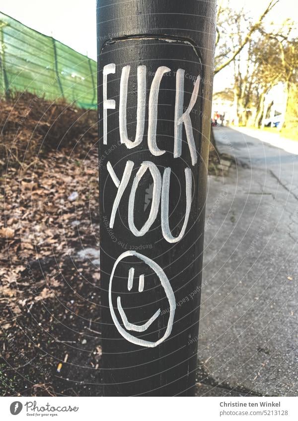 "Fuck you" und ein freundlich grinsender Smiley wurde an einen Laternenpfahl geschrieben bzw. gemalt Smiley-Gesicht lächeln Graffiti Schmiererei Gefühle Zeichen