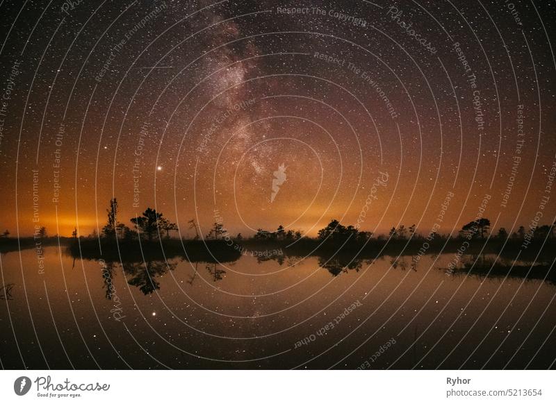 Sumpf Moor Sumpf Feuchtgebiet See Natur Nacht Landschaft. Nacht Sternenhimmel Milchstraße Galaxie mit leuchtenden Sternen und Mond. Natur Nachthimmel Reflexion im Wasser. Yelnya Sumpf in Weißrussland. Nacht Szene