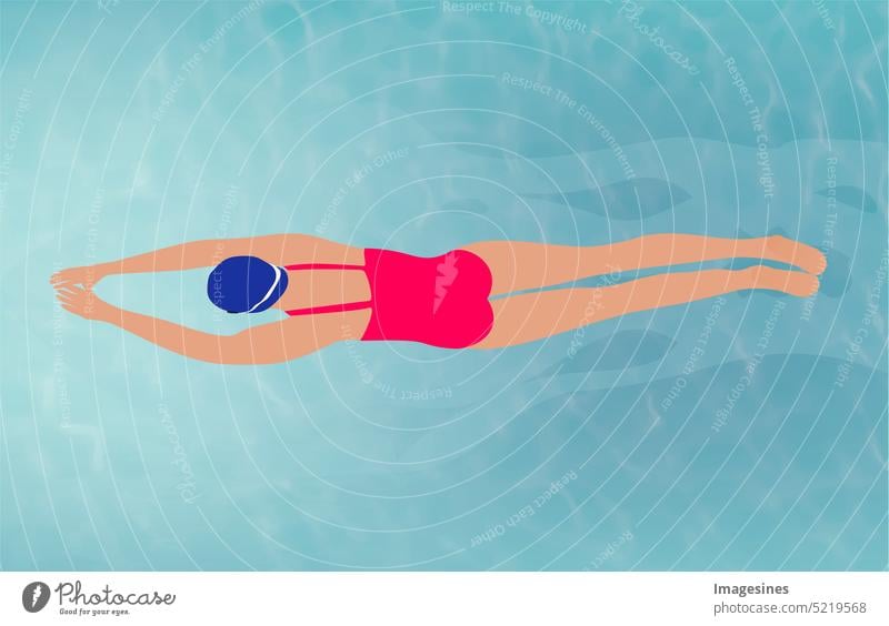 Schwimmstil. Brustschwimmen im Wasser. Die schwimmende Frau trägt einen rot rosa Badeanzug und eine blaue Badekappe. Flache Illustration. Frauen Action Charakter