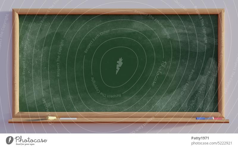 Grüne Schultafel mit Kreidewischern und Kreidestücke auf der Ablage - 3D Render grün Grafik u. Illustration Hintergrund Schule Bildung lernen Tafel