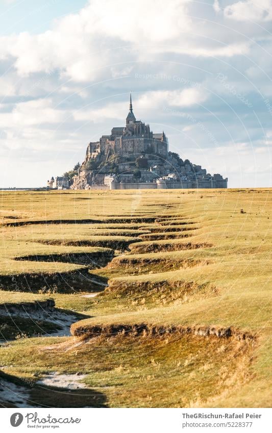 Trockenes Flussbett vor Mont Saint Michel Wiese Gras Landschaft mont saint michel Mont St. Michel Frankreich Wahrzeichen Tourismus Sehenswürdigkeit