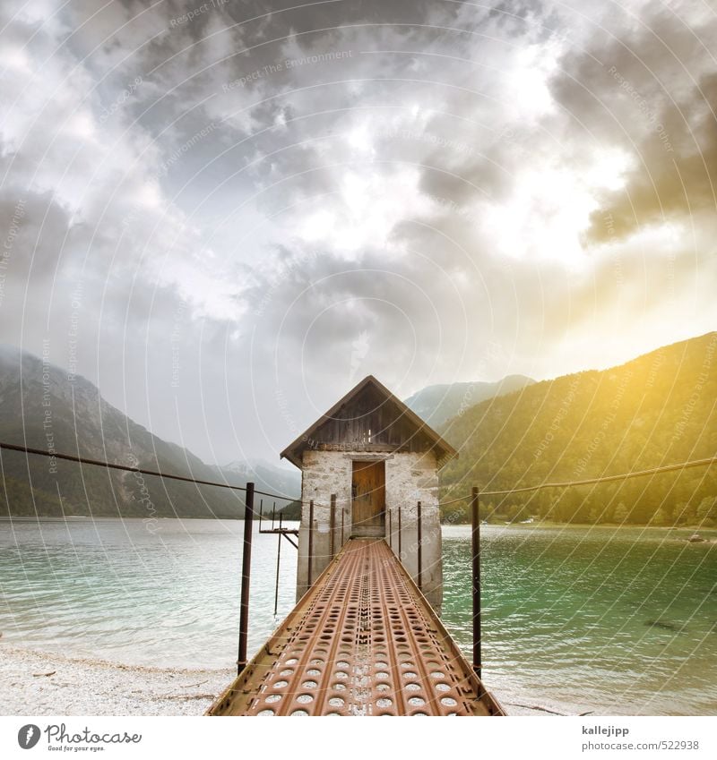 haus am see Umwelt Natur Landschaft Pflanze Tier Wasser Hügel Felsen Alpen Berge u. Gebirge Küste Seeufer Bucht Haus Hütte eckig schön ruhig Gebirgssee Farbfoto