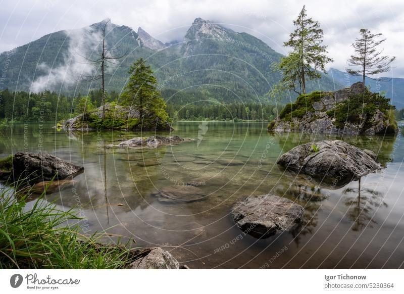 Hintersee mit Spiegelung der Watzmanngipfel. Ramsau Berchtesgaden Bayern, Deutschland, Europa See hintersee Natur Alpen Berge u. Gebirge Himmel