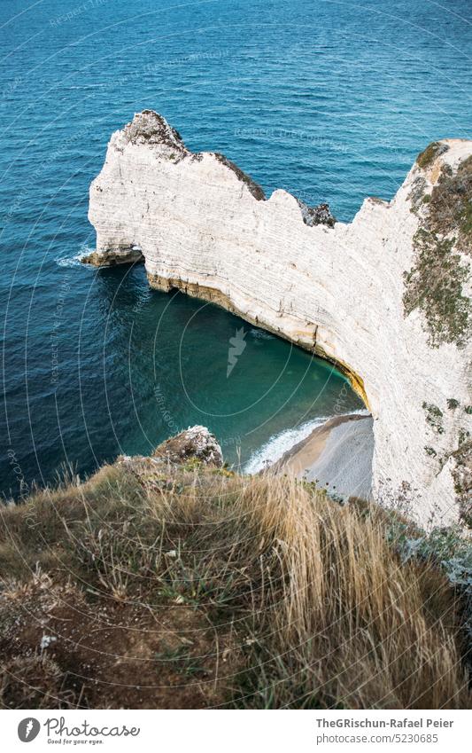 Küste mit Felsen und Meer in Abendstimmung Frankreich Normandie Étretat Stimmung Klippen Landschaft Natur Außenaufnahme Tourismus Sommer beliebt touristisch