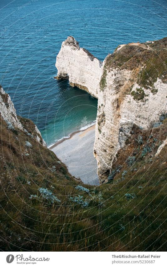 Küste mit Felsen und Meer in Abendstimmung Frankreich Normandie Étretat Stimmung Klippen Landschaft Natur Außenaufnahme Tourismus Sommer beliebt touristisch