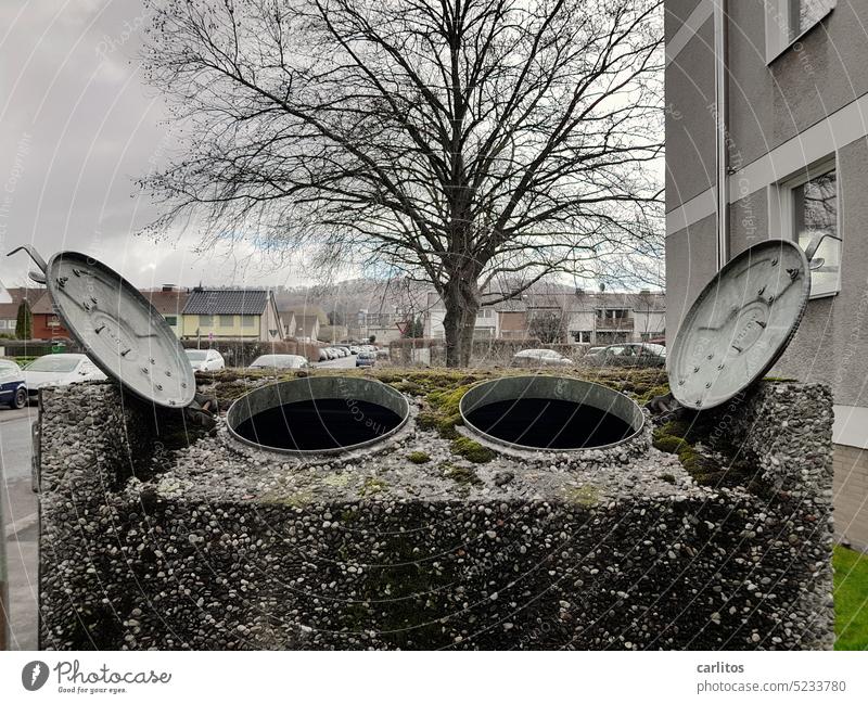 Betontierchen mit Scheuklappen | Einladende Mülltonnen Müllcontainer Deckel offen Waschbeton Abfall Müllentsorgung entsorgen wegwerfen Müllbehälter Recycling