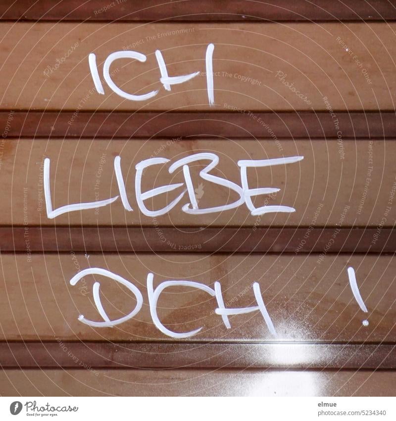 ICH LIEBE DICH !  steht in weißer Schrift an einem braunen Rolltor Ich liebe dich Liebesbeweis Liebesgruß Garagentor Schmiererei Grüße Liebeserklärung