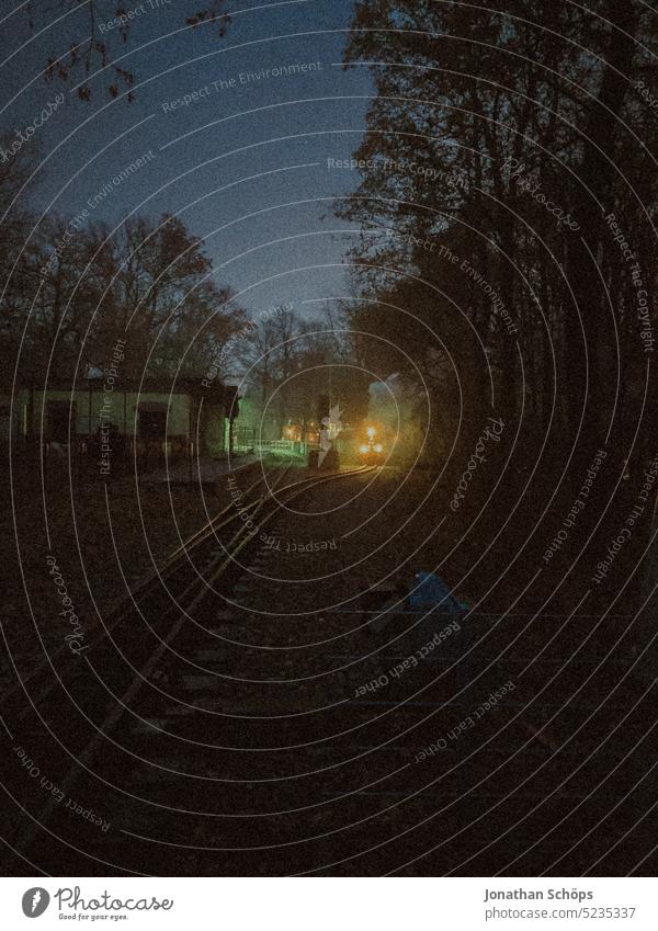 Küchwaldbahn im Küchwald Chemnitz, Zug bei Nacht Küchwaldpark Bahn Scheinwerfer Gleise mystisch dunkel düster Nachtwanderung Wald Park Freizeit Eisenbahn