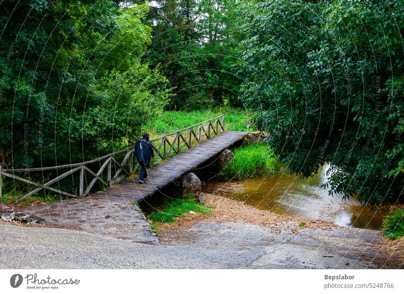 Pilger auf der Holzbrücke über den Fluss entlang des Jakobsweges Weg Natur Pilgerfahrt Promenade Straße Wasser Brücke grün Pier Santiago Paseo Ruhe