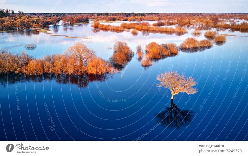 Frühlingshochwasser ländliche Landschaft. Bäume, Wiese, Büsche, Felder, Landstraße unter Hochwasser Überschwemmung. Himmel, Wolken Reflexion im Abendlicht. Freshet Overflow Luftaufnahme. Überschwemmungsgebiet.