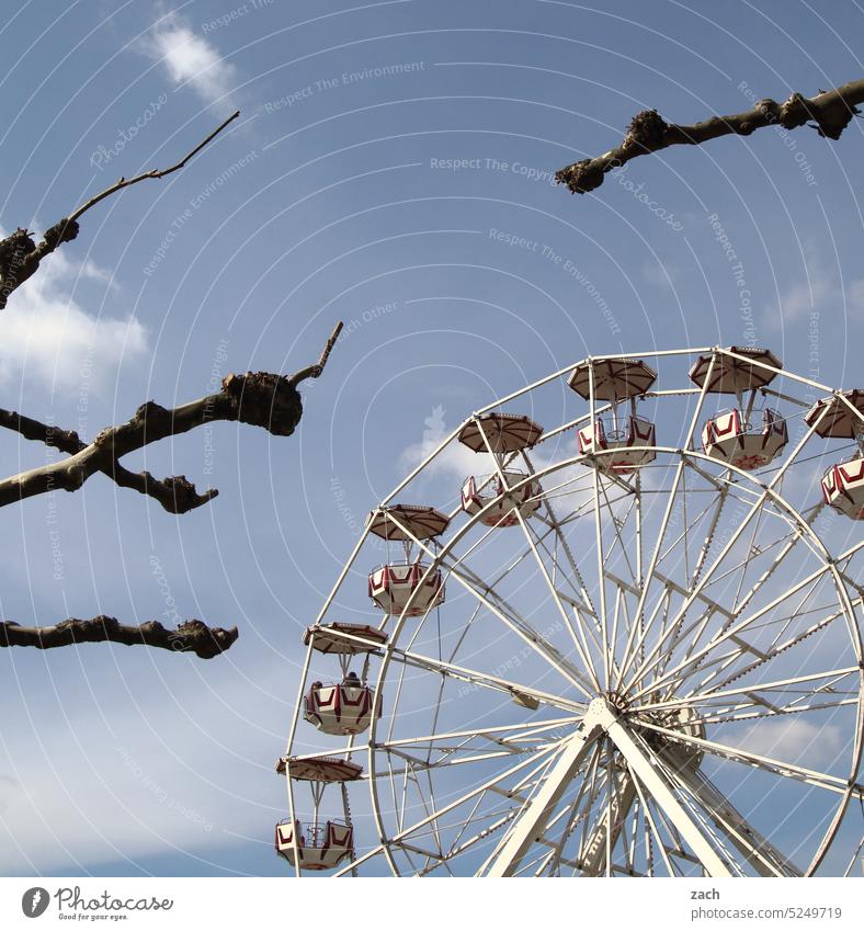 Viel Vergnügen Riesenrad Vergnügungspark Jahrmarkt Freizeit & Hobby drehen Fahrgeschäfte Schwindelgefühl Freude Feste & Feiern Himmel hoch Höhenangst Baum blau