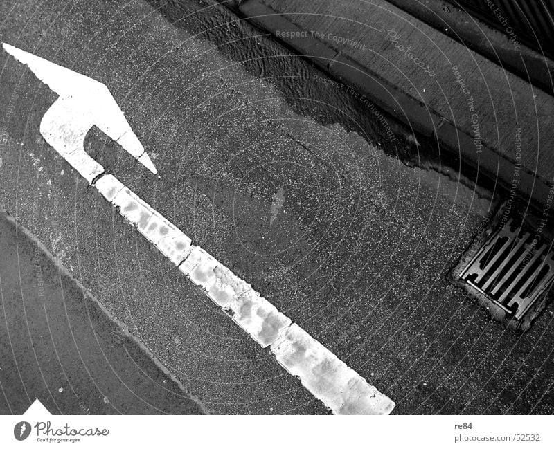 gulli - und dann rechts Gully Asphalt Streifen schwarz Verkehrszeichen grau weiß Straßenbau möglich Sackgasse Kontrast street Pfeil Wege & Pfade