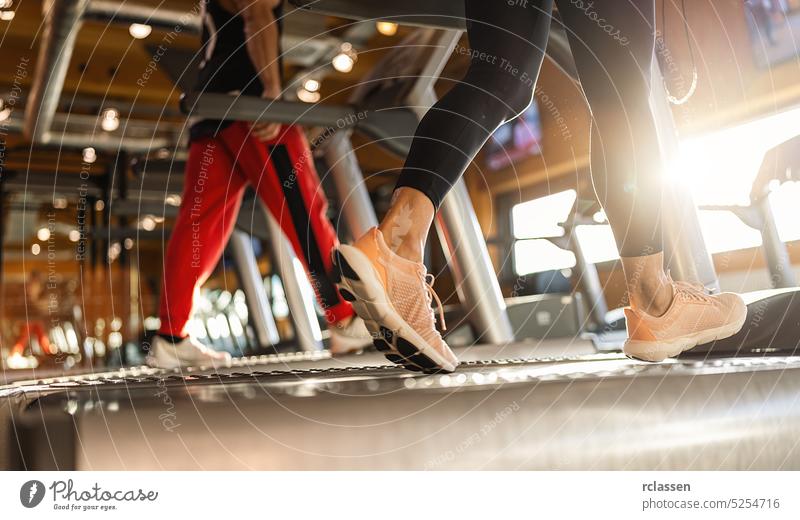 Sportliche Menschen, die auf Laufbändern laufen Mann Lifestyle Maschine Sportbekleidung sportlich Frau Fitness Fitnessstudio Training Übung Person Spaß jung