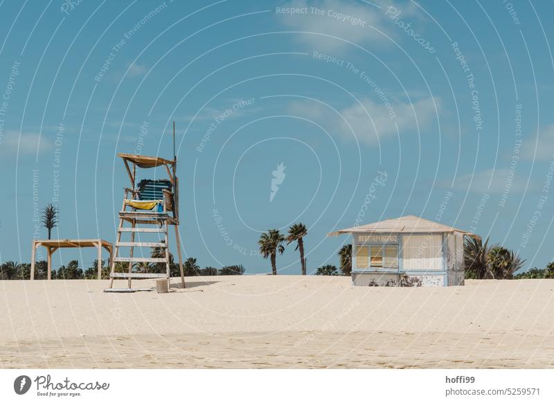 geschlossener Standkiosk und verlassener Rettungsturm am Strand mit Palmen und blauem Himmel Strandleben Badestrand Urlaub Sand Küste Sommer