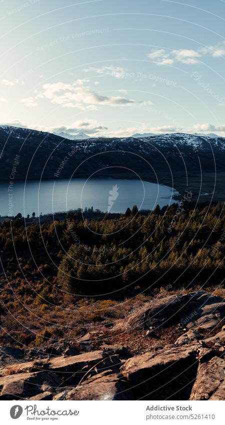 Ruhiger See, umgeben von Bergen und Bäumen Landschaft Tal Berge u. Gebirge Wald Natur Hochland malerisch atemberaubend Windstille Umwelt Kamm friedlich grün