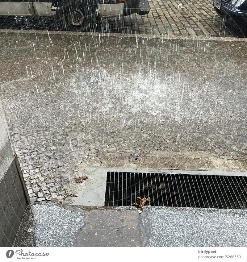 Regen fällt auf Gehweg stark heftig Regenguss Regenschauer Pfütze Gitter Gulli Sturm Klimawandel nass schlechtes Wetter Wassertropfen Unwetter Gewitter Farbfoto