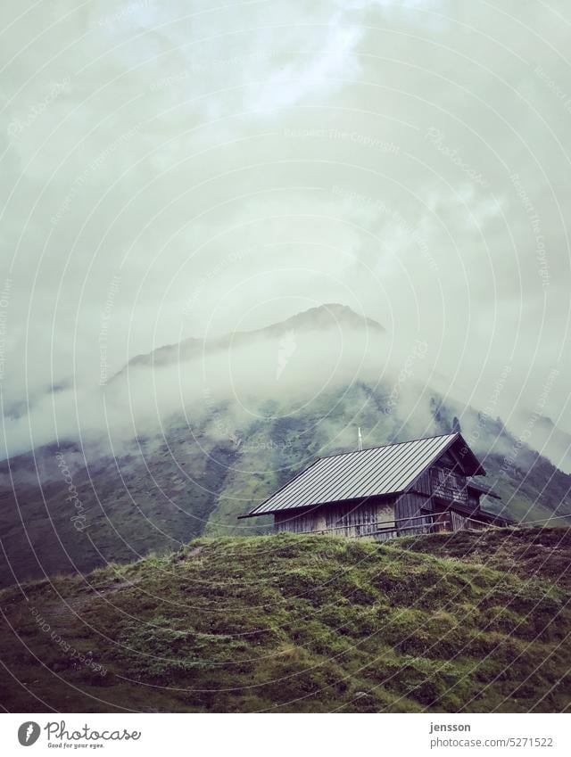 Berghütte vor Gipfel in tiefliegenden Wolken Alpen Holzhütte Österreich Wetter Wetterschutz wolkig Alm Almhütte Berge u. Gebirge Berge im Hintergrund Natur